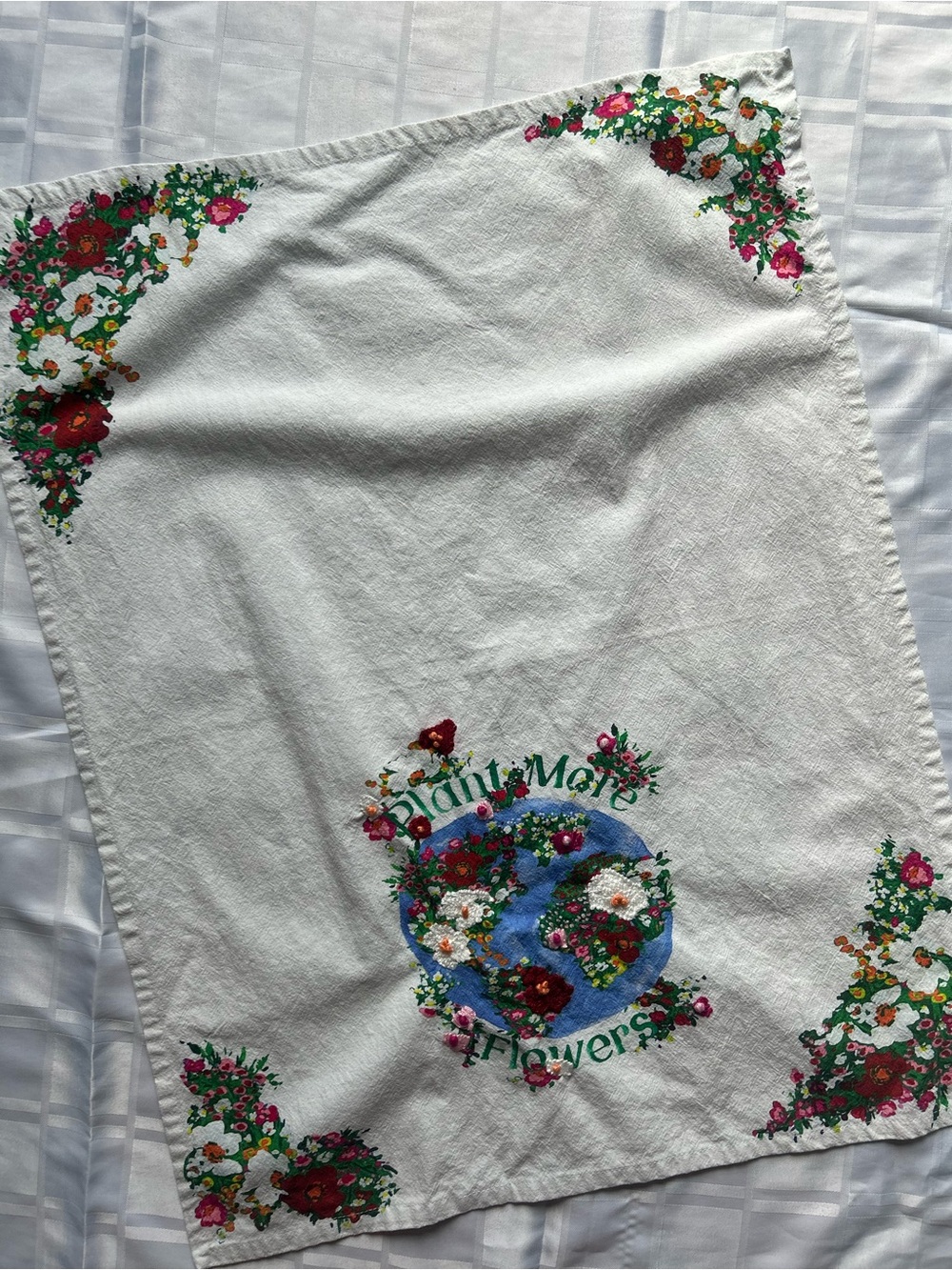 Anthropologie White Cotton Embroidered Floral Print Plant More Flowers Tea Towel